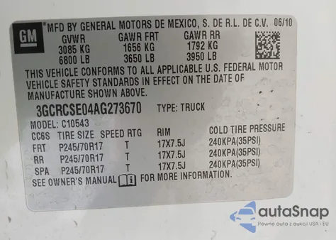 2010 Chevrolet Silverado 1500 Lt from USA, damaged, VIN 3GCRCSE04AG273670